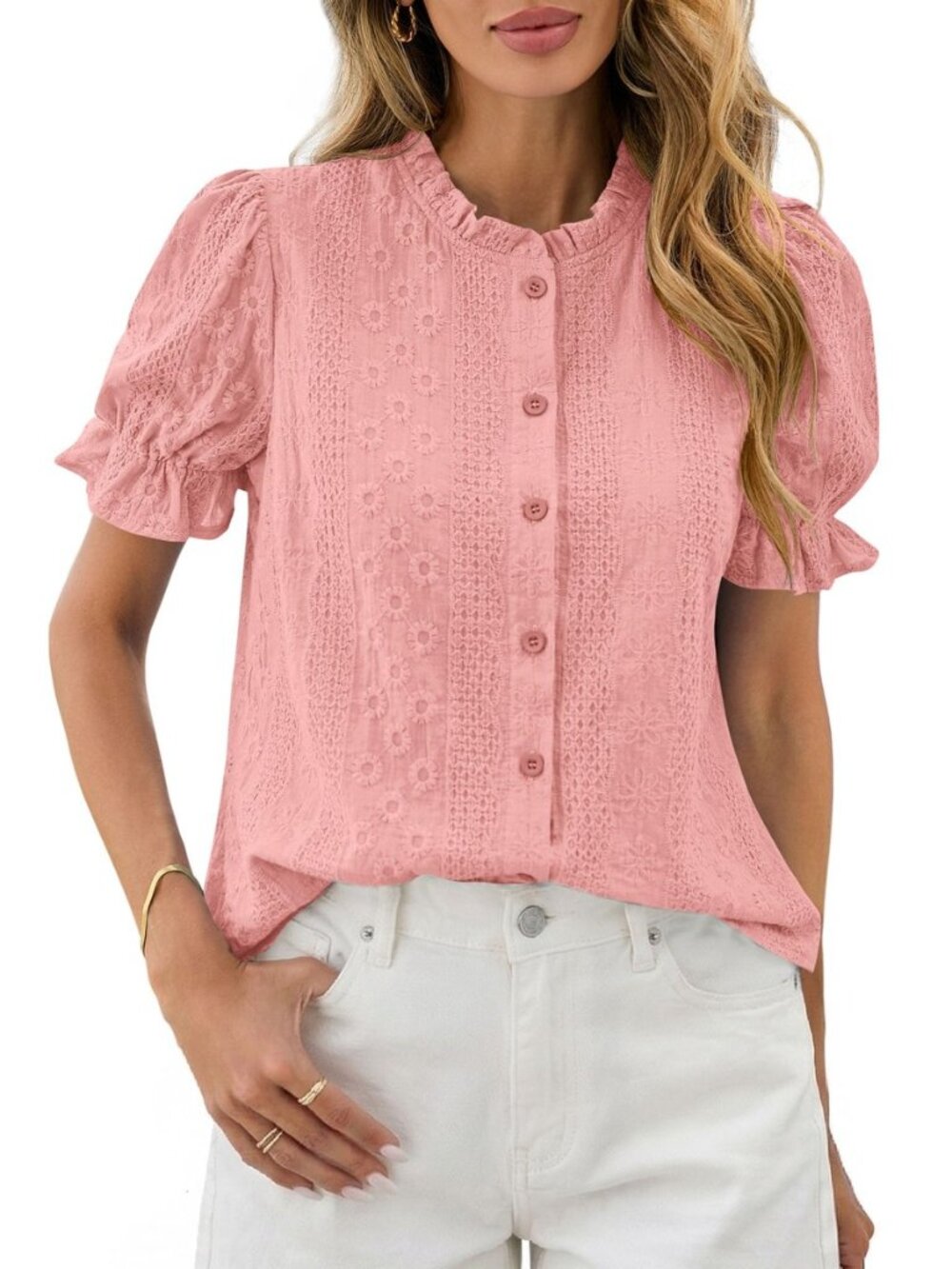 Womens Embroidered Puff Short Sleeve Tops